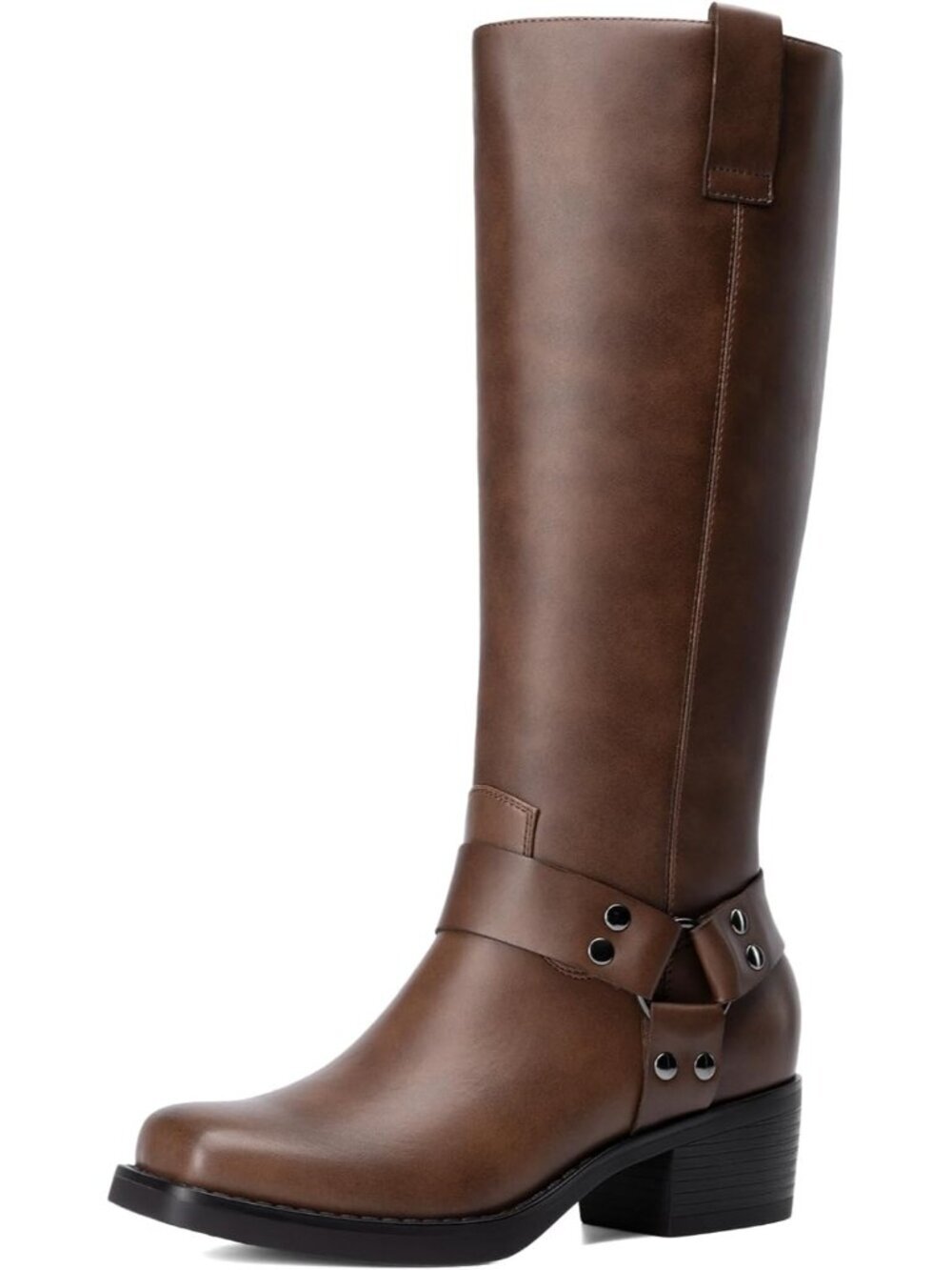 Women's Tan Knee High Boots Motorcycle Riding Pull-on Fashion Long Square Toe